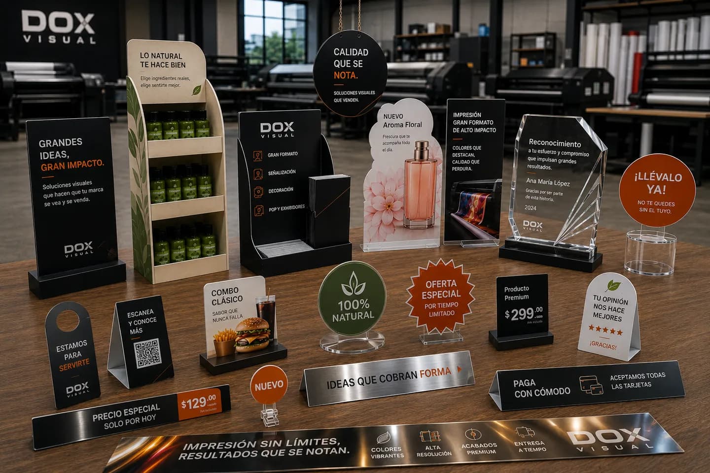 Material POP fabricado por DOX Visual: exhibidores de piso, stoppers, danglers, cenefas y displays de mostrador para el punto de venta.