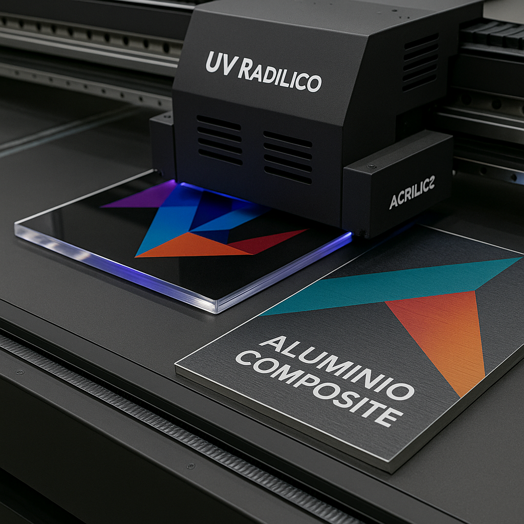 Impresora UV cama plana imprimiendo sobre paneles de acrílico y aluminio compuesto con colores vivos en un entorno industrial moderno — DOX Visual