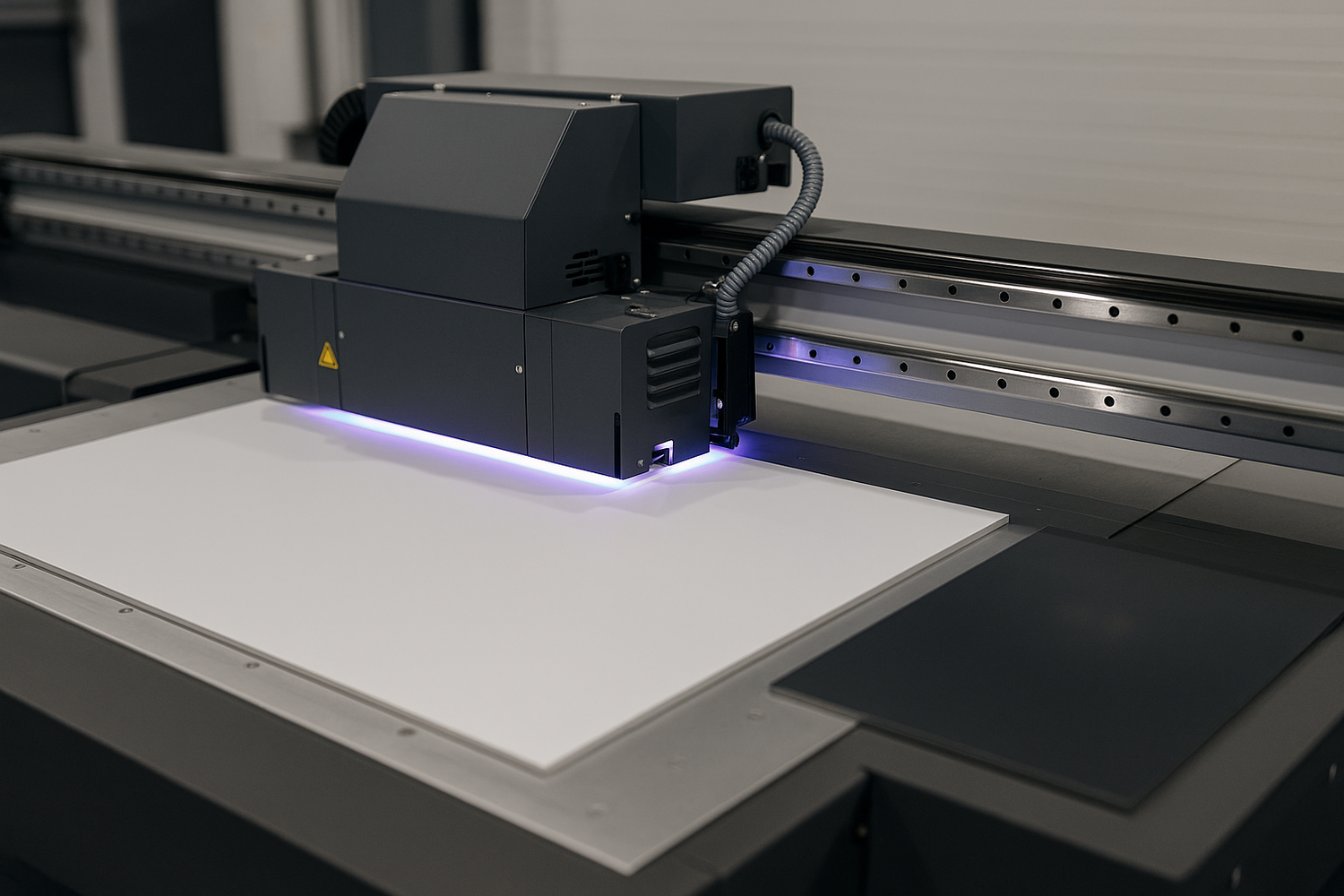 Impresora UV cama plana industrial imprimiendo sobre panel rígido, con luz ultravioleta curando la tinta, en entorno limpio y profesional — DOX Visual.